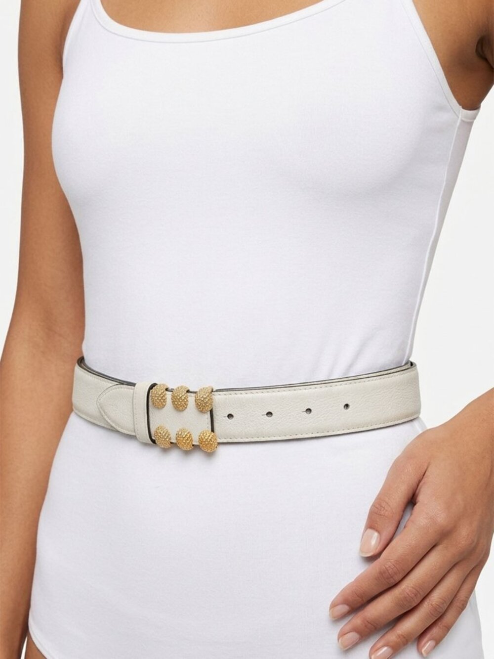 Vintage TILLA Leather Belt White Gold Studded Claw Pin Buckle Italy 80s Retro